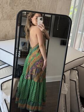 Wayan Green Paisley Halter Maxi Dress Backless Tiered Resort Boho Women's